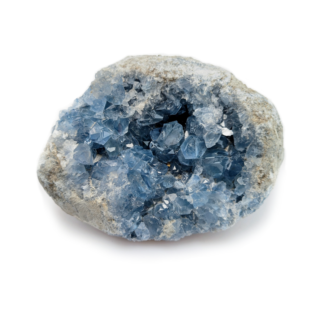 Géode naturelle Célestite, gros cristaux bleus